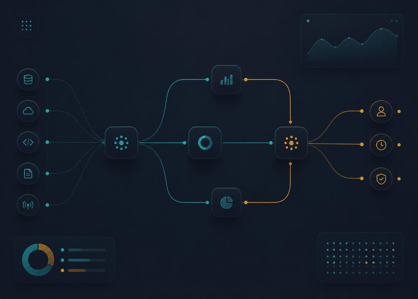 Workflow diagram connecting business systems, scheduling, and reporting